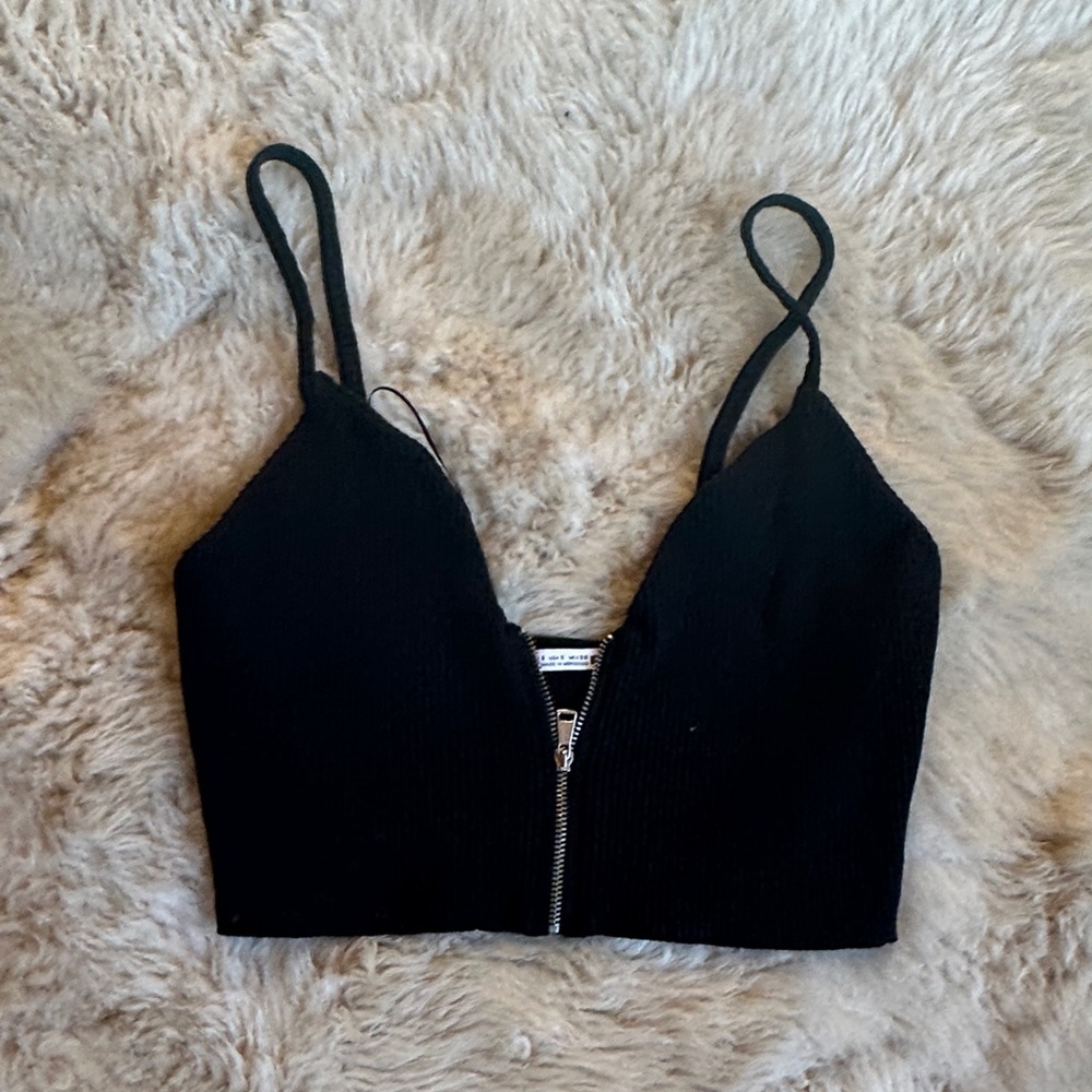 Zara Black Ribbed Crop Top with Zipper